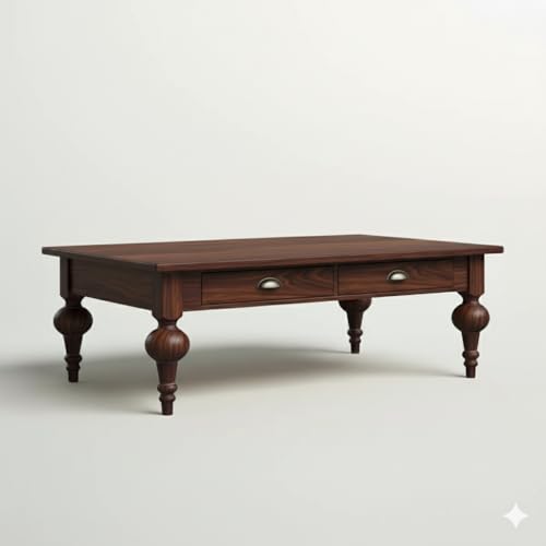 Image of MISAN Solid Sheesham Wood Coffee Table - Elegant Center Table with Two Spacious Drawers | Sturdy & Stylish Wooden Furniture for Home & Living Room (D - Dark Hony)