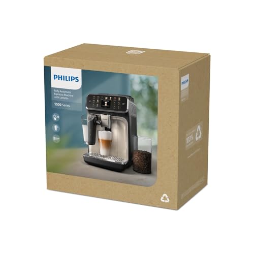 Philips 5500 Series Kaffeevollautomat – 20 Getränke, Modernes Farb-Touchdisplay, LatteGo-Milchsystem, SilentBrew-Technologie, 100% Keramikmahlwerk, QuickStart, 1,8L Wassertank, Weißchrom (EP5543/90) 5