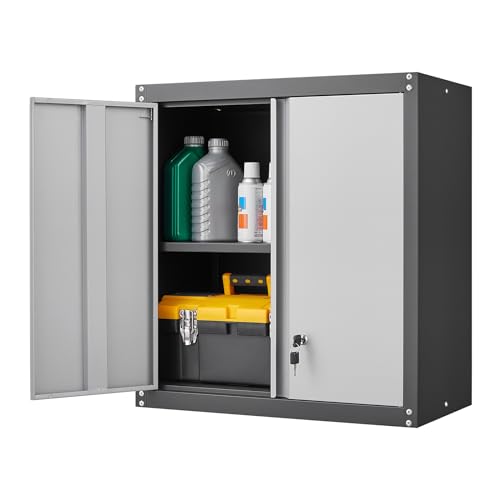 GREATMEET Lockable Storage Cabinet, Metal Garage Storage Cabinets, Metal Wall Cabinet for Garage, Wall Mount Cabinet with Lock and Adjustable Shelf, Floating, Black&Grey