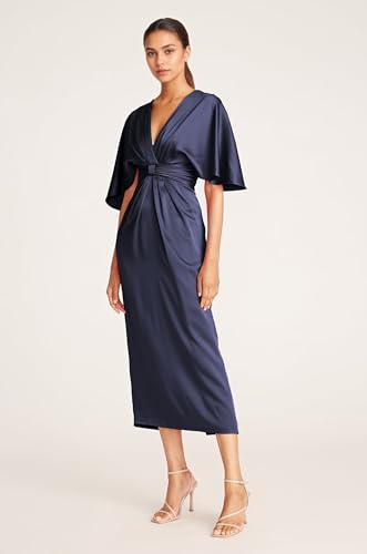 Satin V Neck Mother of The Groom Dresses for Women Tea Length Ruched Waist Formal Dress2