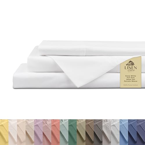 Image of Linen Home 100% Cotton Percale Sheets Full Size, Snow White, Deep Pocket, 4 Pieces Set - 1 Flat, 1 Deep Pocket Fitted Sheet and 2 Pillowcases, Crisp Cool and Strong Bed Linen