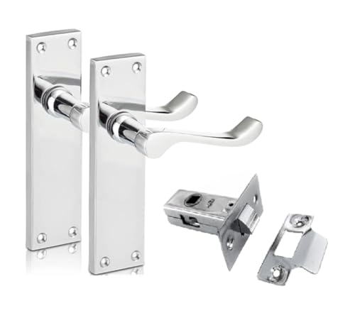 Epsom Door Handle Chrome Scroll Door Handle Set with Tubular Latches - Victorian Style Internal and External Lever Door Handles with Backplate 150mm x 42mm (Pair of Handles + Tubular Latch)