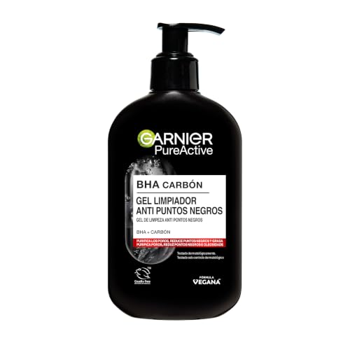 GARNIER Skin Active - Pure Active, Gel Limpiador de Poros y Exfoliante Facial con Carbón 3 en 1, 150 ml