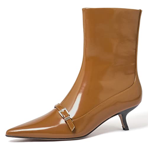 Lutalica W Fahionable - Botas de tobillo para mujer, diseño de charol con hebilla frontal, con cremallera y tacón bajo, Brown, 39.5 EU