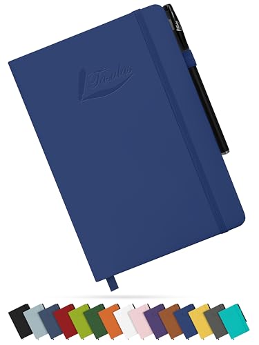 Tasalas A5 Notebook and Pen - 200 Lined Pages Journal Notepad, 80 GSM, Blue Notebook A5 with Soft PU Cover, Elastic Loop, Pen Holder, Expandable Pocket - Note Book for Writing and Note-Taking
