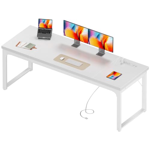 Image of Coleshome 71 Inch Long Computer Desk with Power Outlet, Thicker Desktop & Legs, Large Heavy Duty Office Desk for Home Office & Gaming, White