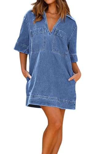 Image of loveimgs Womens Summer Casual Denim Dress Short Sleeve V Neck Distressed Jean Dresses Mini Shirt Dress