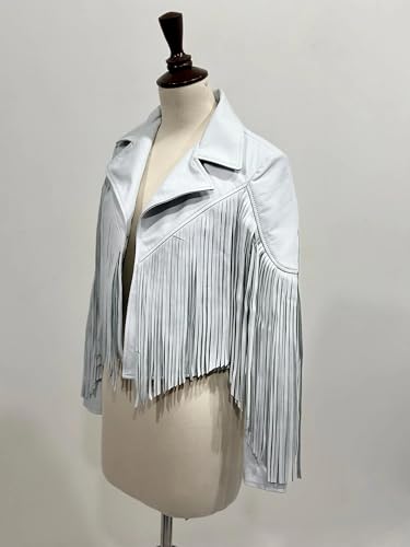 Treegalore Womens Genuine White Lambskin Leather Western Cowgirl Fringe Jacket With Fringe Native American Style3