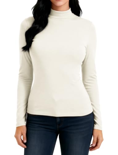 IVOVFANZY Womens Mock Turtleneck Thermal Undershirt Off-White | Base Layer Slim Fit Tops, Ribbed Knit, Warm Winter Long Sleeve Layering