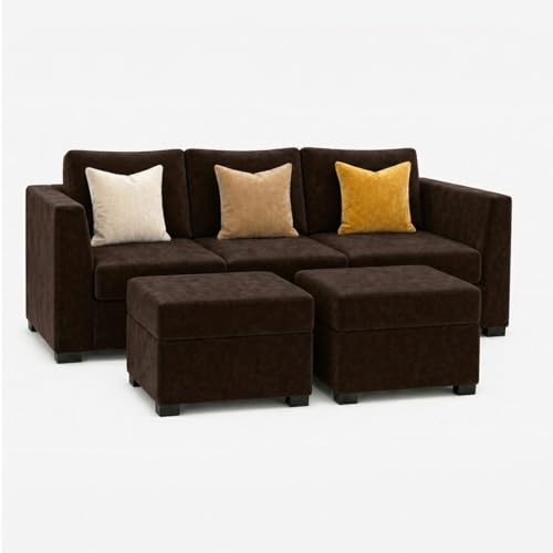 Image of FURNY Revona 5 Seater L Shape Sofa Set with 2 Movable Ottoman | Flexible Left or Right Layout | Plush Velvet Fabric (Dark Brown) | Perfect for Living Room, Guest Room & Office