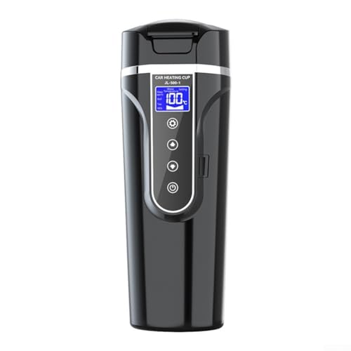 Taza de viaje de acero inoxidable con calefacción para coches, hervidor eléctrico de 12 V con funcionamiento de bajo ruido y función de calentamiento rápido (negro)