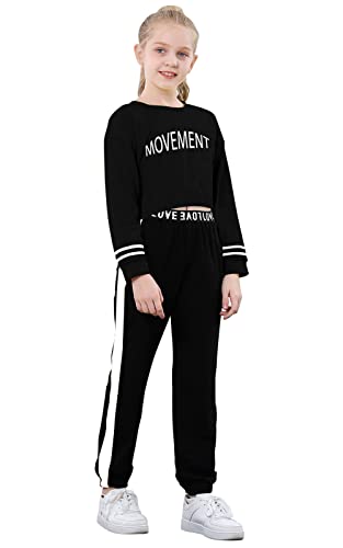 Tennis Outfits For Girls, 2 Piece Long Sleeve Graphic Crop Top + Jogger Pants Casual Baseball Sportswear Set, Black, 6-7 Years = Tag 130 #TOP4