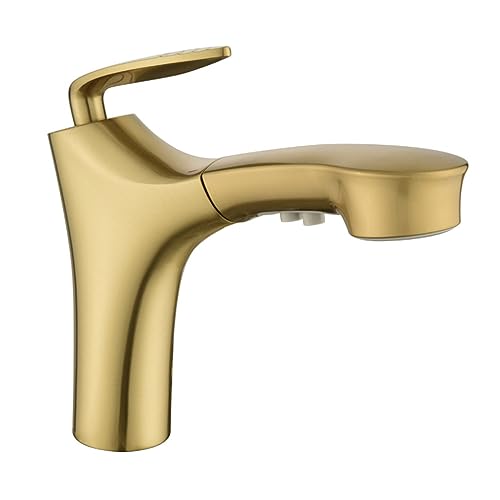 バスルームのシンクの蛇口 引き出し式スプレー付き 真鍮製 温水と冷水 2モード シングルレバー シングルホール 洗面台ミキサー蛇口 引き出し式 グレー(Brushed gold)