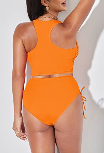 Pink Queen High Waisted Swimsuit for Women Ruched Crop Top Bikini Bottom 2 Piece Tummy Control Bathing Suit Orange XL - Image 3