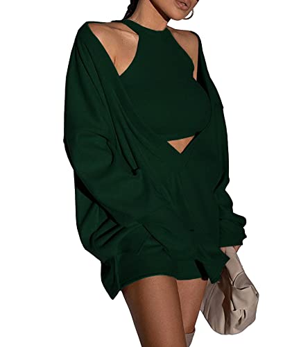 Image of ECDAHICC Women's Two Piece Outfits Knitted Halter Neck Crop Tank Tops and Oversized Off Shoulder Deep V Neck Pullover Sweater