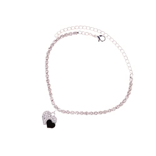 Rhinestone Heart Ankle Bracelets For Women Girls Crystal Tennis Chain Anklet Love Heart Foot Jewelry Beach Hip Hop Jewelry-Black, 7 87 Inch #TOP14