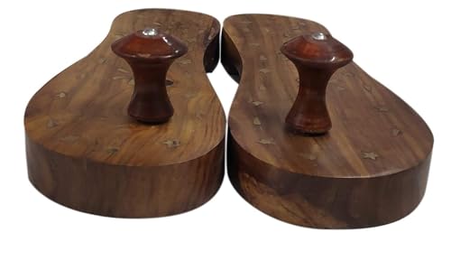Image of Art and Craft India Wooden Handmade khadau for Temple Decoration | Khadau Slipper for Men & Women | Wearable Charan Paduka | mandir Puja Ghar Decoration Item | Slipper for Lord Temple (Brass Design)