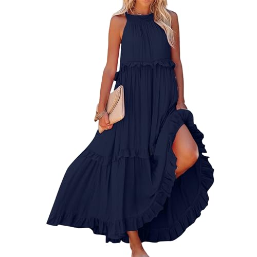 Sommerkleid Damen italienische Mode Maxi Einfarbig V-Ausschnitt Ärmellose Kleid langes Sommer leinenkleider（Marineblau, M