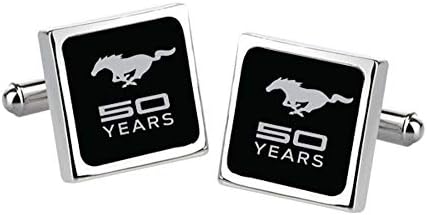 Official Mustang 50th Anniversary Cufflinks showcasing 50 Years. Made of Brass and Rhodium Plated for Protection and Ultra Shine. Long bar for a Secure fit. 3D Silver and Glossy Black Design.