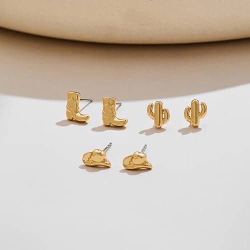 MUYAN Gold Small Western Earrings for Women Trendy Hat Boots Cactus Studs 3 Pairs Country Style Jewelry Cowgirl Outfit Accessories3