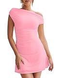 LAGSHIAN Women's Summer Off Shoulder Trendy Ruched Stretch Bodycon Cocktail Party Flare Mini Dress Pink