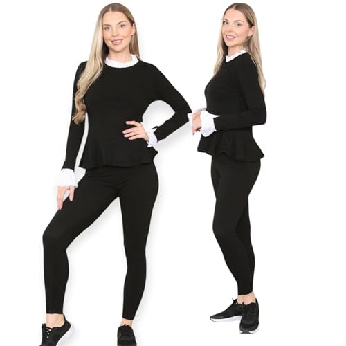 Ensemble péplum femme rose col à volants et legging costume détente 2 pièces