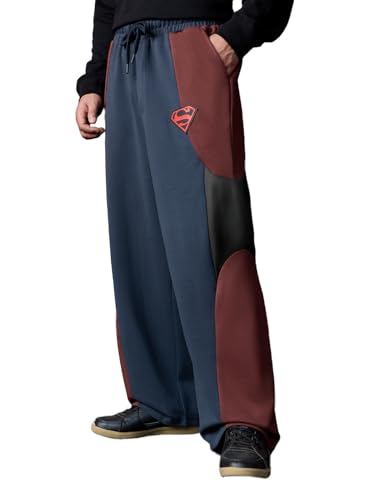 Image of The Souled Store Superman: Skyborn Men and Boys Drawstring Waist Navy Blue Colorblock Cotton Fleece Baggy Fit DC Comics Graphic Korean Jogger