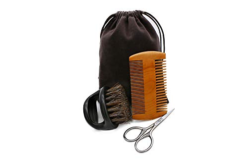Beard Comb & Beard Brush Kit, 3 in 1, Boar Bristle ring Beard Brush & Moustache Comb & Scissor, Ideal Present For Men