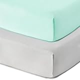 TILLYOU Jersey Knit Mini Portable Crib Sheets, Pack and Play Sheet Set for Boys Girls, Ultra-Soft Breathable Playard Playpen Sheets, 2 Pack, Lt Green & Lt Gray