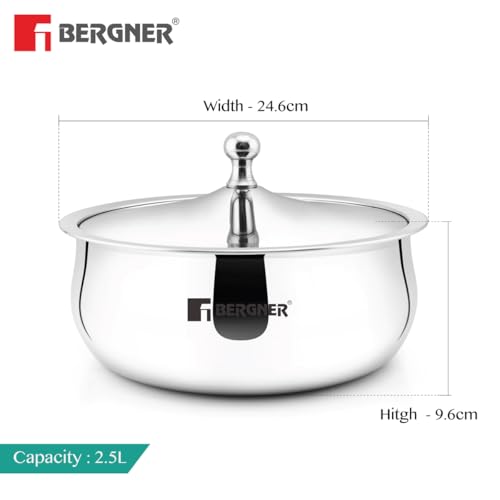 Image of Bergner Vienna Stainless Steel Hot Pot, 24 cm (2.5 L) Double Walled Serving Casserole with PU Insulated Stainless Steel Lid, Chapati Box,Cast Steel Knob, Food Grade, Keep Food Hot for Long Hours