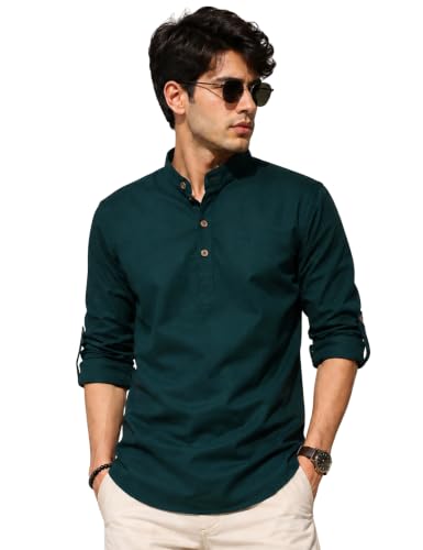 Image of Fifth U Men's Cotton Polyester Blend Solid Mandarin Collar Self Design Full Sleeve Casual Short Kurta