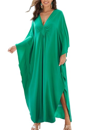 Vestido largo caftán bohemio verde de diseño fluido y holgado para playa
