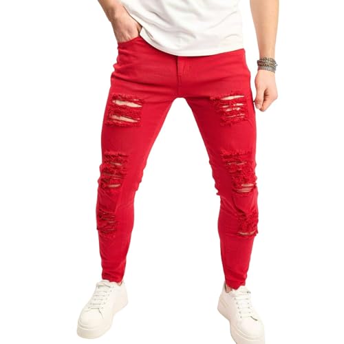 Jeans Pants Trousers Denim Stretch Slim Fit Perforated Trendy Street Worn Hole Red Retro White Tapered Casual Tight for Men