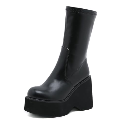 Black Platform Goth Boots Mid Calf Boots for women Wedge High Chunky Heel Combat Boots Back Zip Motorcycle Punk Boots