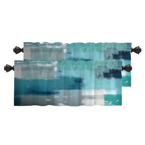 BaoNews Blackout Kitchen Curtain, Window Treatment Rod Pocket Light Filtering Bathroom Short Valance 2 Pack 52X16 Inches,Teal Grey Turquoise