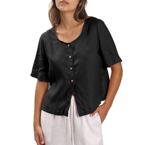 Chemisier court manches courtes lin col carré boutonné Amazhiyu
