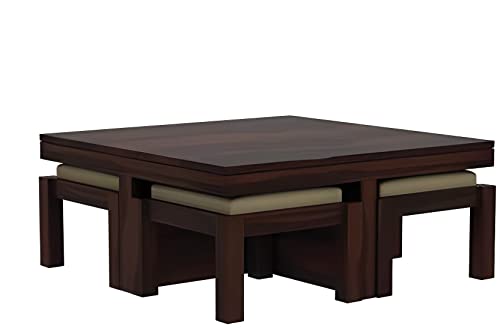 Image of Loonart Solid Sheesham Wood Coffee Table with Four Cushioned Stools | Idel for Living Room | Cafe | Restaurant | Space Saving Indoor Table Set | Finish Color - Walnut Finish | Cream Cushion |