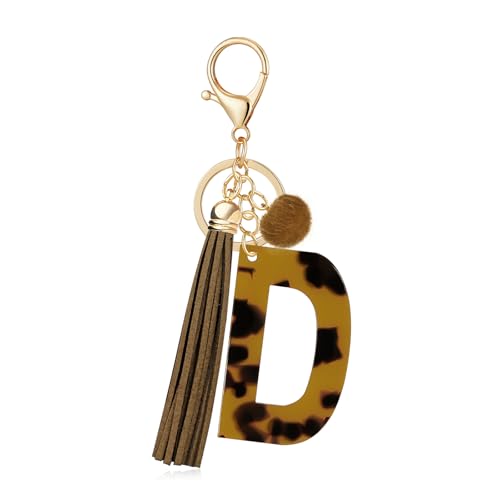 OKAICEN Brown Faux Tortoiseshell Pattern Initial Letter 'D' Keychain for Women Girls, Leopard Print Acrylic Alphabet Key Ring with Tassel & Pom Pom, Bag Charm for Car Keys Handbag Backpack Purse