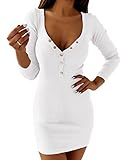 YBENLOVER Damen Kleid Sexy V Ausschnitt Bodycon Kleid Langarm Freizeitkleid Knielang Minikleid Einfabrig Partykleid (XL, Weiß)