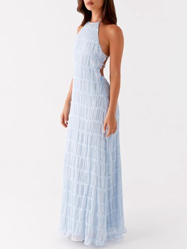 Image of Women Y2k Backless Long Dress Halter Tie Neck Maxi Dress Flowy Beach Sundress Summer Streetwear