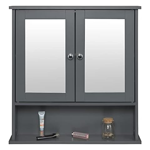 eSituro Mueble Suspendido de Espejo con Toallero y Estante de Medicamentos Gris 56x58,3x13cm Cover