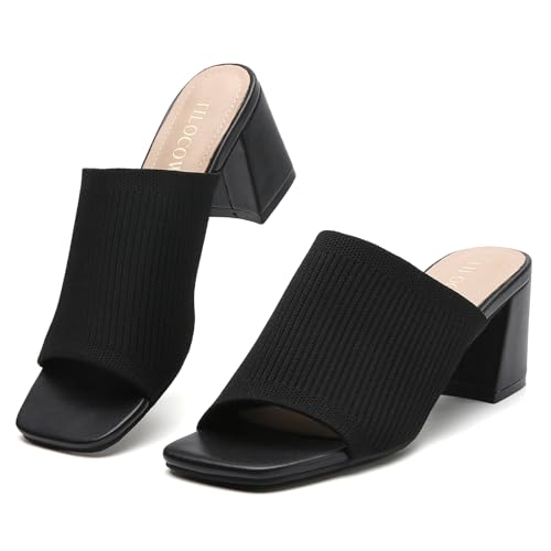 Tilocow Knit Heeled Sandals for Women, Square Open Toe Heels Sandals, Chunky Block Low Heel Slip On Mules3