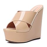 WAYDERNS Women's Evening High Heel Solid Slip On Platform 6 Inch Patent Peep Toe Fashion Wedge Pumps Shoes Beige Size 5 - Zapatos Elegantes para Mujer