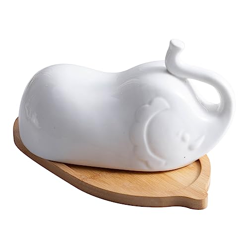 Ipetboom 大象形状セラミックバターディッシュ 蓋付きシンプル木製プレート 家用食器 電子レンジ 食洗機対応 ホテルや自宅の食卓に