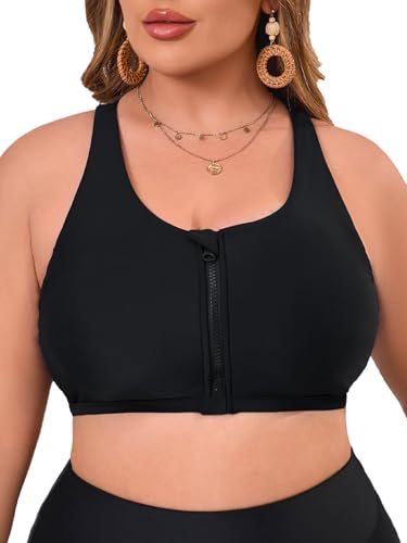 Aderea Women's Plus Size Swim Tops Sports Bra Bikini Top Push Up Swim Bra Black Swimsuit Tops Zip Front Bathing Suit Top Only