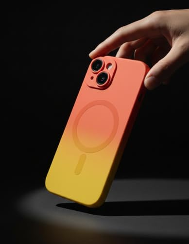 Image of amazon basics Gradient Mag-Safe Case for iPhone 15 | Soft Silicone Shockproof Cover with Camera Protection | Slim Lightweight Design | Smooth Touch & Durable - Orange & Yellow