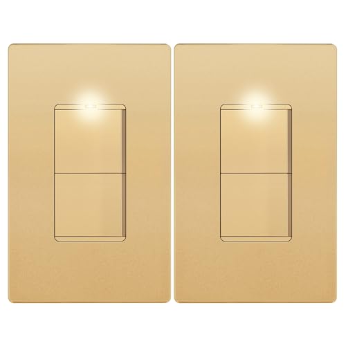 Image of LIDER Lighted Double Switch with Screwless Wall Plate, Combination Frameless Decorator Switch with Locator Light, Ground Terminal Single Pole, 15A 120V, UL Listed, Thermoplastic, Matte Gold, 2-Pack