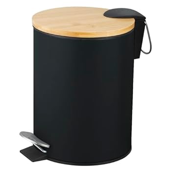 Foto di Amig - Pattumiera da bagno con pedale 3 litri Mod. Naturline - Colore nero e bambù - Apertura igienica senza mani - Ø16,8 x 23 cm - Acciaio inox laccato - Cestino rotondo con coperchio ermetico