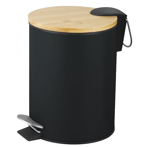 Amig   Cubo de Basura para Baño con Pedal 5 Litros Mod. Naturline   Color Negro y Bambú   Apertura Higiénica sin Manos   Ø20 x 26 cm   Acero Inoxidable Lacado   Papelera Redonda con Tapa Hermética