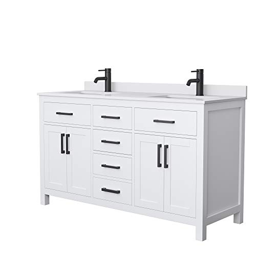 Beckett 60 Inch Double Bathroom Vanity In White, White Cultured Marble Countertop, Undermount Square Sinks, Matte Black Trim #TOP19